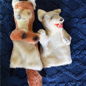 2 Vintage Fox and Wolf Steiff Hand Puppets 50s 60s German Mohair